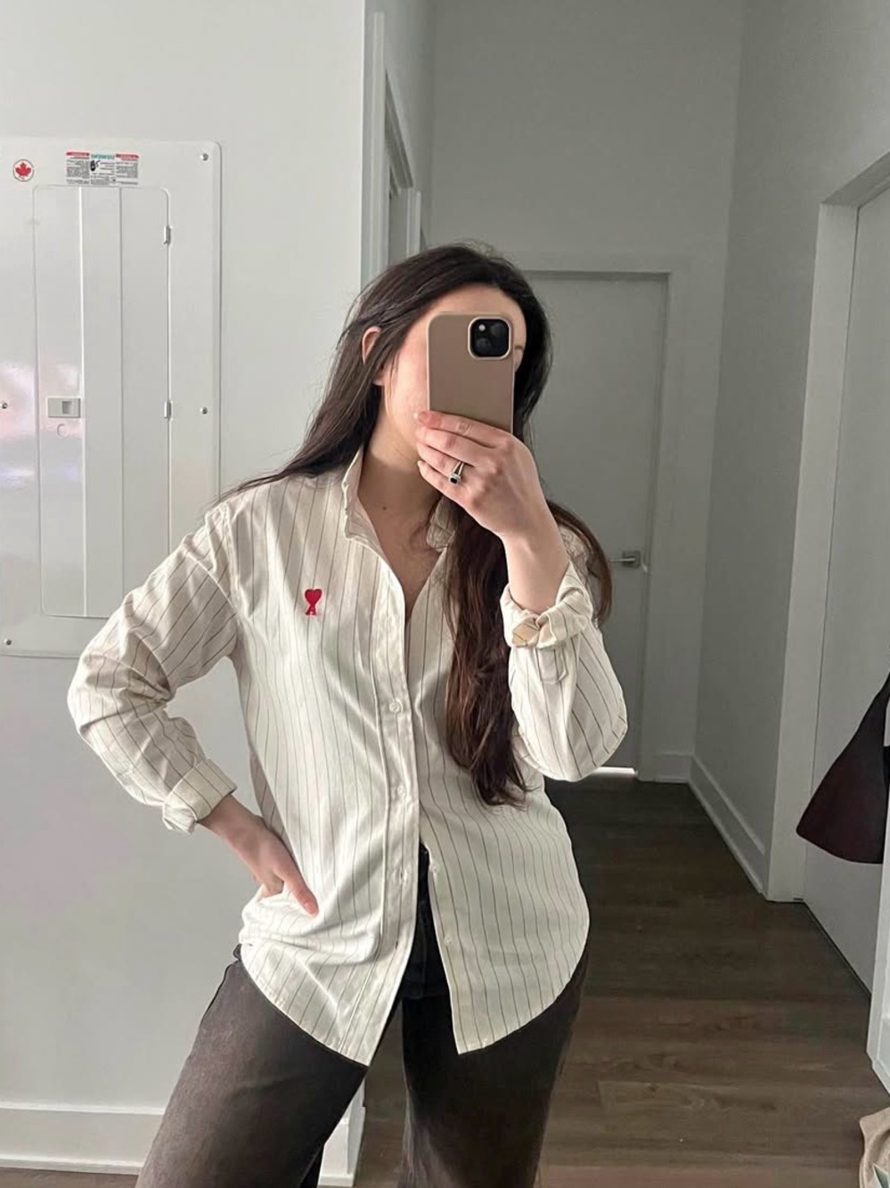 Ami Cream Pinstripe Button-Down Shirt with Red Heart